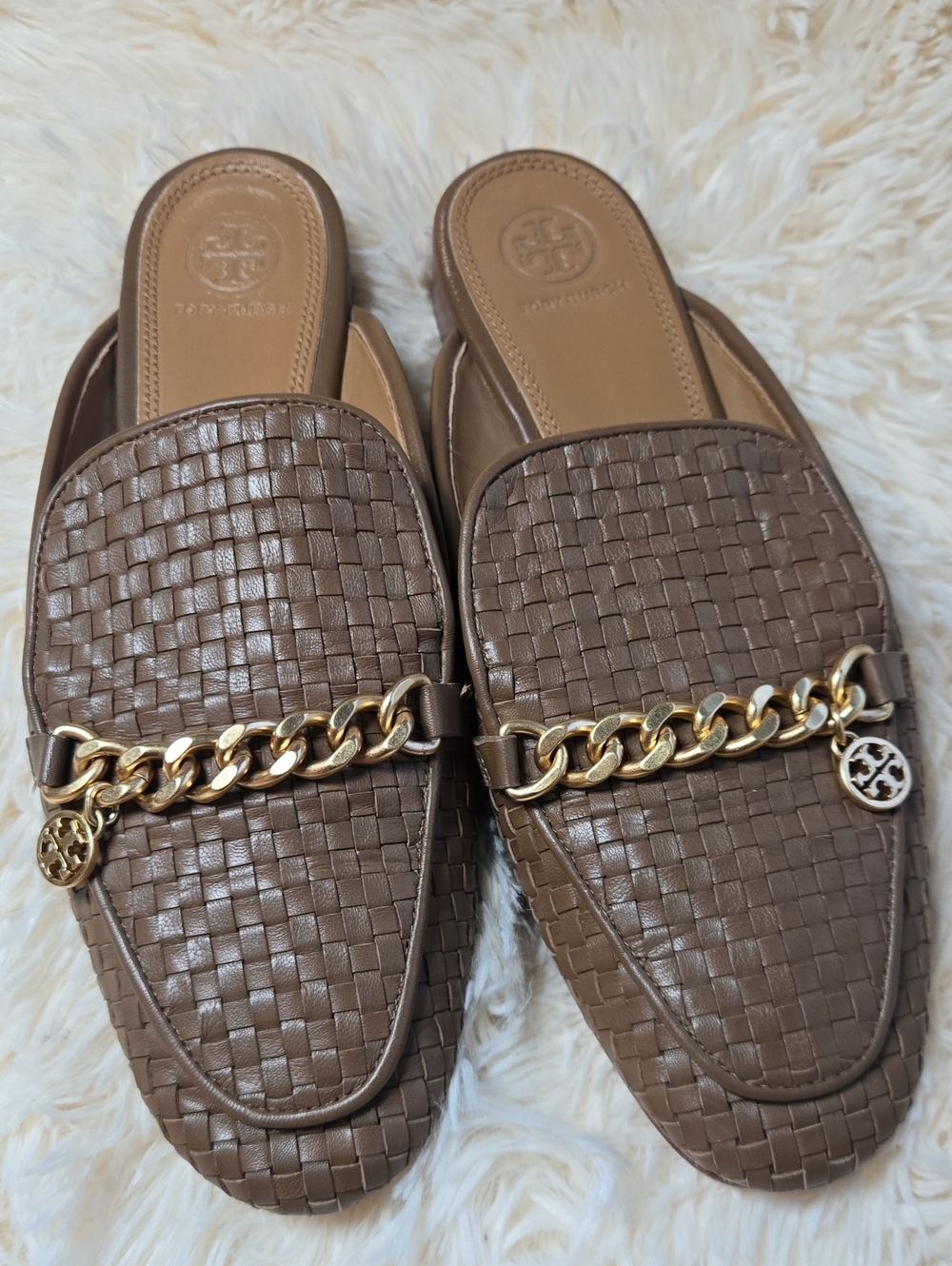 Tory Burch Brown Woven Leather Chain Mule